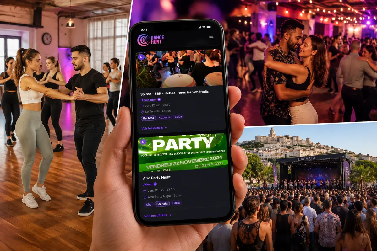 Composition lifestyle montrant un cours de bachata, une soirée dansante et une ambiance festival en France