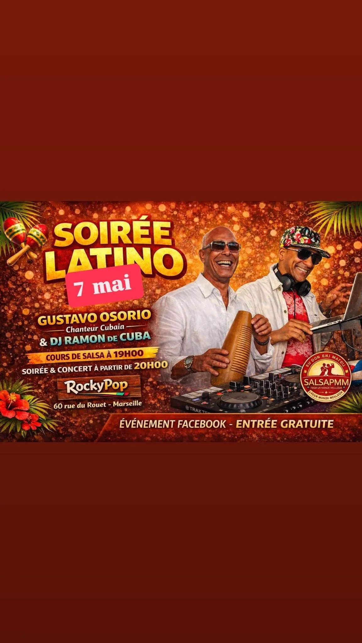 Affiche de Soirée Latino RockyPop — Chanteur Gustavo (SalsaPMM)
